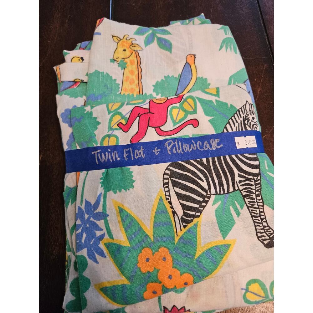 Vintage Twin Single Flat Sheet/ Pillowcase Jungle Animals Zoo Print